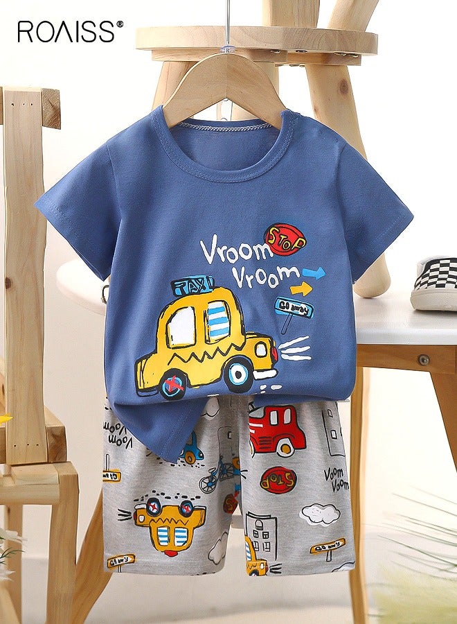 رويس طقم تي شيرت وشورت للصبي الصغير، زي أنيق مكون من قطعتين للأولاد الصغار، زي صيفي من القطن مع بلوزة بنقشة كرتونية وشورت بخصر مطاطي، مثالي للارتداء اليومي أو المناسبات المختلفة - Image 1